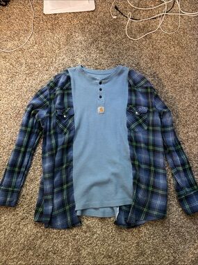 Carhartt Light Blue Thermal Henley with Blue-Green Plaid Shirt Jacket